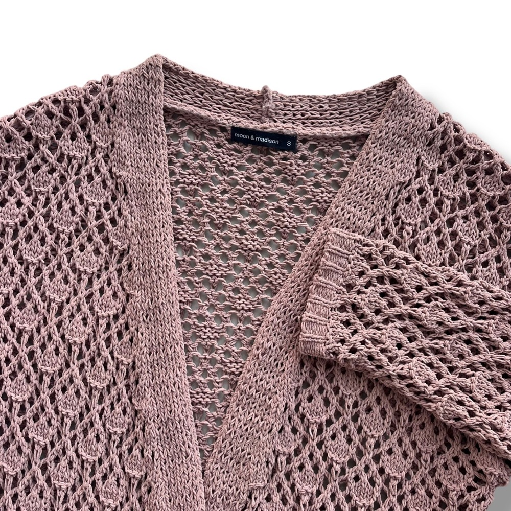 Moon & Madison Women's S Brown Mauve Open Knit Crochet Longline Cardigan Sweater